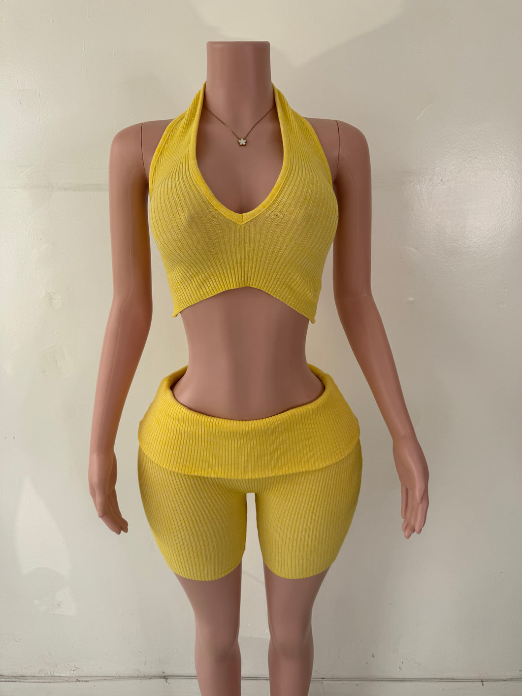 Stella Ribbed 2-Piece Halter Set - Yellow