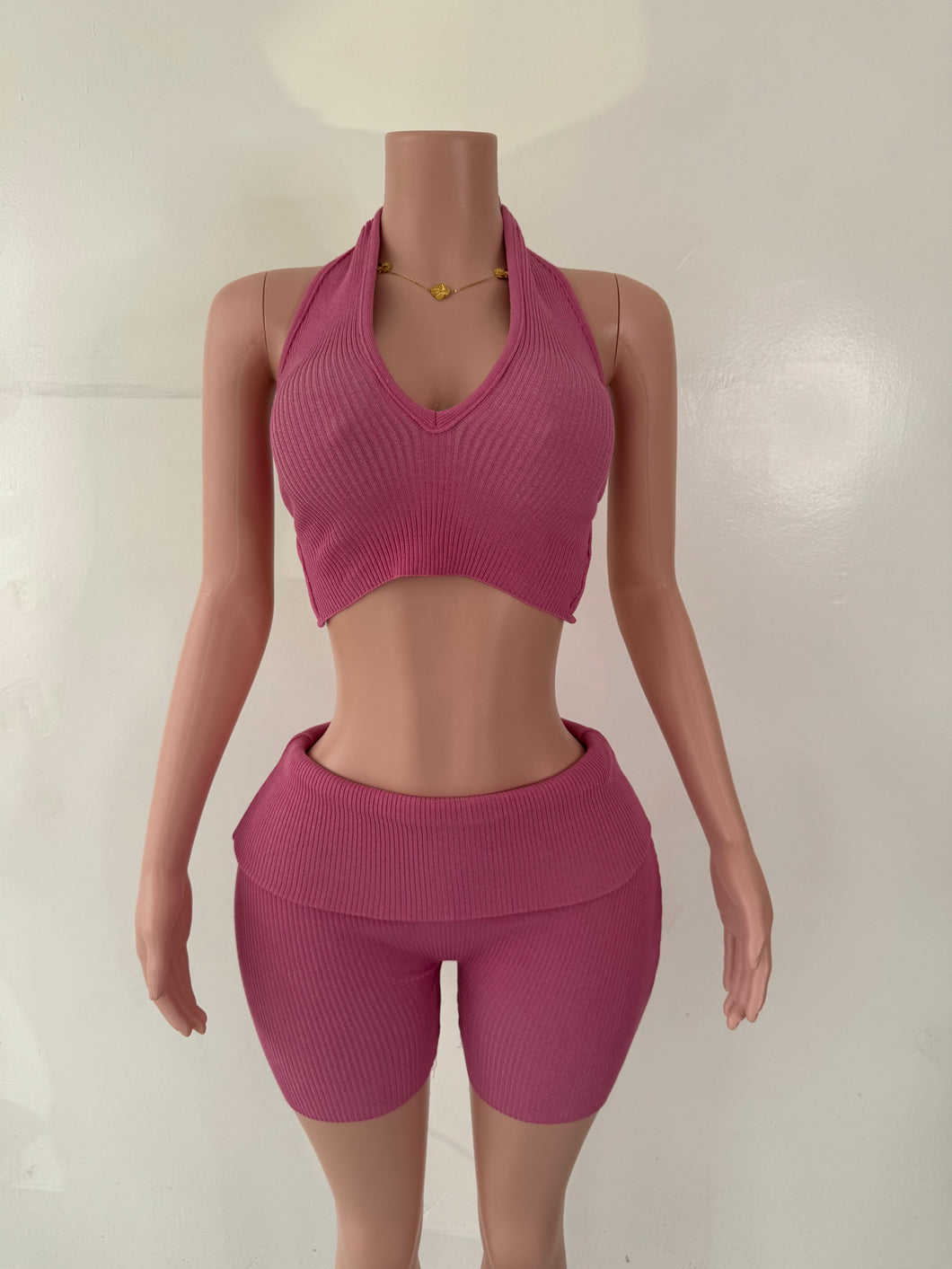 Stella Ribbed 2-Piece Halter Set - Pink