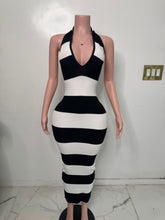 Load image into Gallery viewer, Kassandra Ribbed Halter Midi Dress - B&amp;W Stripe
