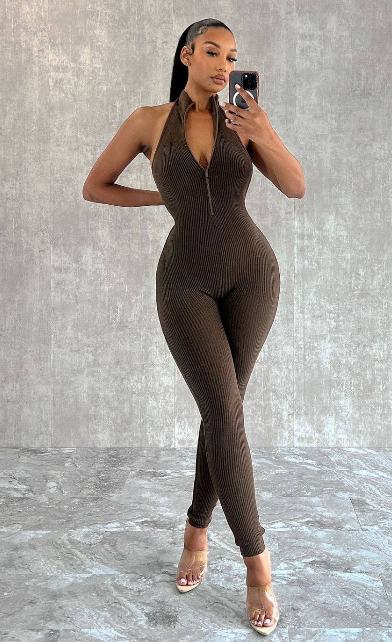 Baddie Brown Halter Jumpsuit