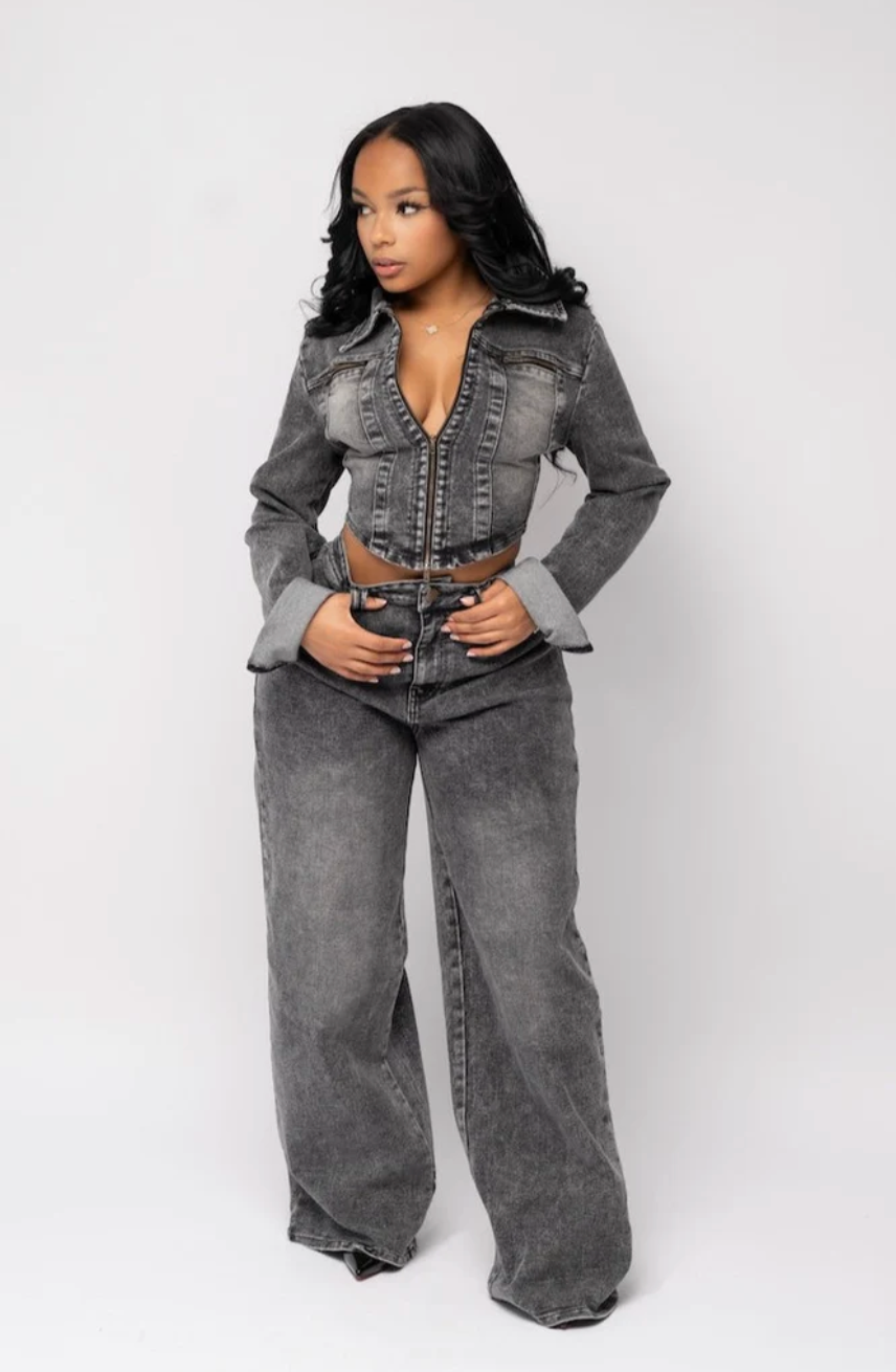 Acid Wash Denim Set - Black