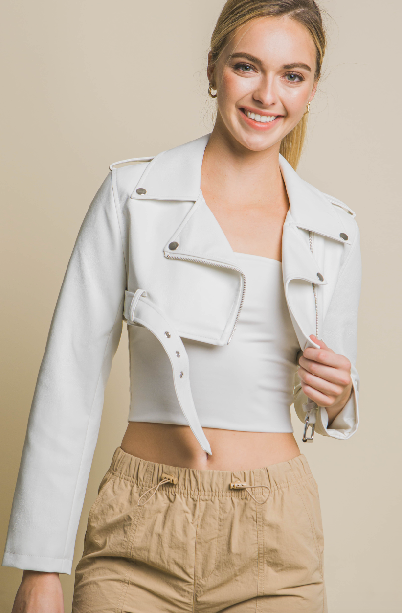 Cropped Moto Jacket - White